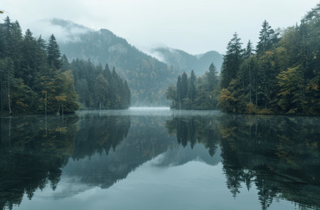 Serene mountain lake surrounded by lush forestの素材