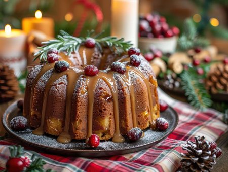 delicious christmas bundt cake with caramel glaze and cranberriesの素材