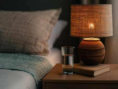 Cozy bedroom interior with lamp and bookの素材