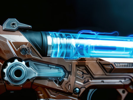 Futuristic energy weapon with glowing blue energy beamの素材