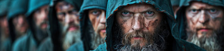 group of rugged men with beards and hooded coatsの素材