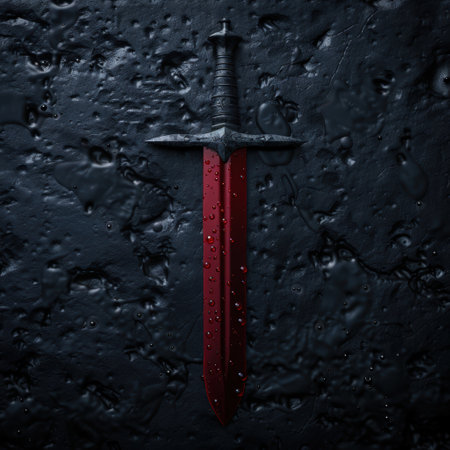Ominous medieval sword against dark backgroundの素材