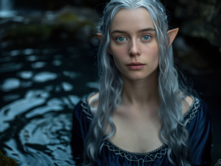 mysterious elf woman with silver hair in a dark forestの素材