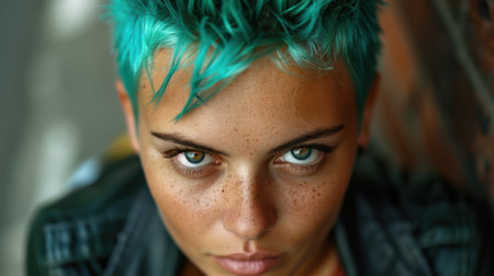 Intense gaze of a person with vibrant turquoise hairの素材