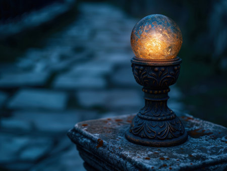 Glowing crystal ball on ornate pedestal by waterの素材