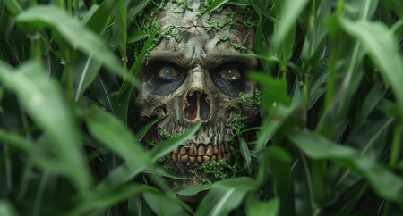 Creepy skull hidden in the grassの素材