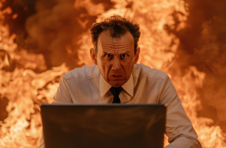 businessman in crisis with laptop in front of flamesの素材