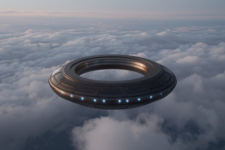 Futuristic spacecraft hovering above cloudsの素材