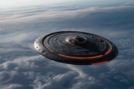 Futuristic spacecraft hovering above the cloudsの素材