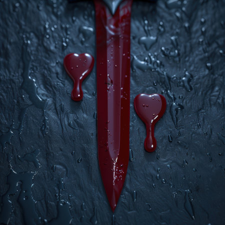 Bloody knife and heart-shaped drops on dark backgroundの素材