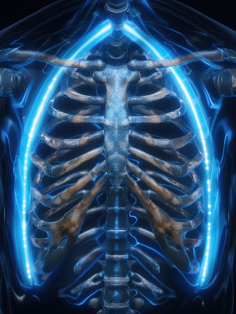 Glowing x-ray view of human ribcage and skeletonの素材