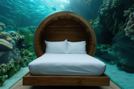 Underwater hotel room with coral reef viewの素材