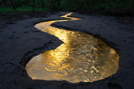 Winding golden stream in dark forestの素材