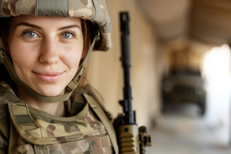 Confident female soldier in military uniformの素材