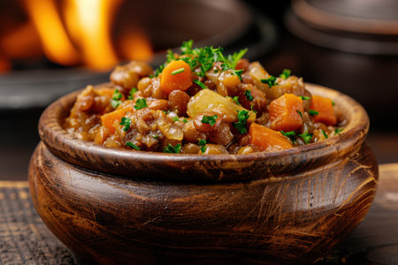 Hearty vegetable stew in wooden bowlの素材