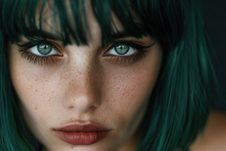 close-up portrait of a woman with dark hair and striking green eyesの素材