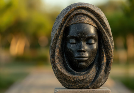 Mysterious stone sculpture of a hooded figureの素材