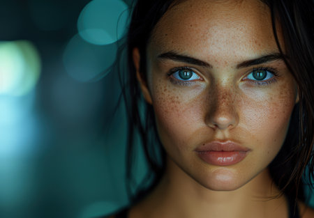 Captivating portrait of a young woman with striking blue eyes and frecklesの素材