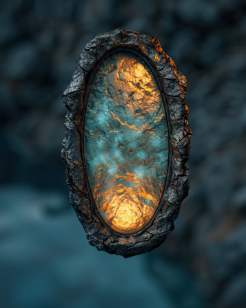 Glowing gemstone in dark rockの素材