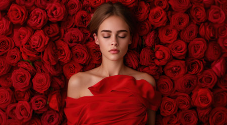 woman in red dress surrounded by red rosesの素材