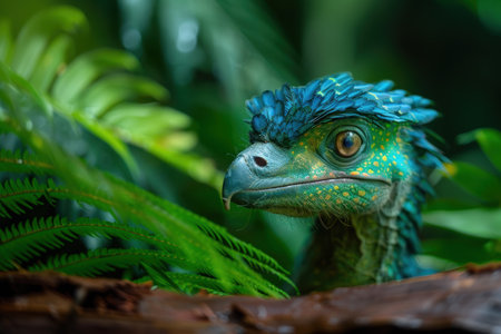 Vibrant green lizard with blue feathers in tropical foliageの素材