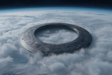 Futuristic spacecraft hovering above earth's atmosphereの素材