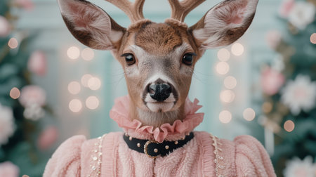 Adorable deer wearing a pink ruffled collarの素材