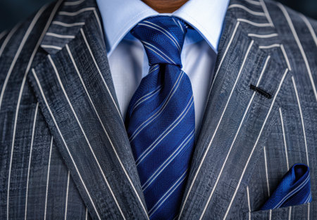 Elegant business attire with striped suit and blue tieの素材