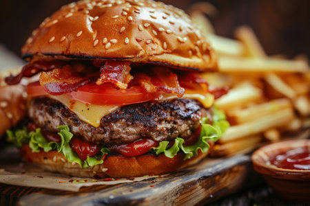 Delicious cheeseburger with french friesの素材