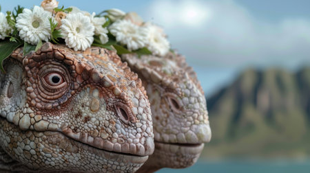 close-up of a colorful lizard with flowersの素材