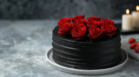 Elegant black cake with red rosesの素材