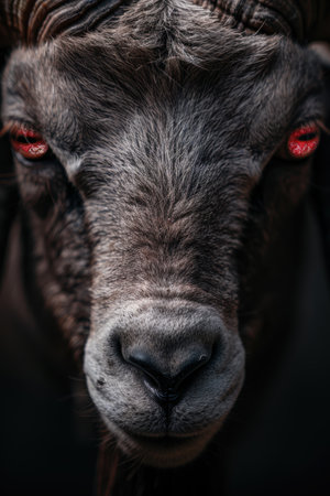 close-up portrait of a dark-colored dog with intense red eyesの素材