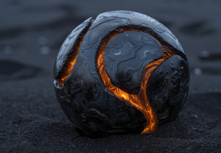 Glowing molten rock inside a dark geodeの素材