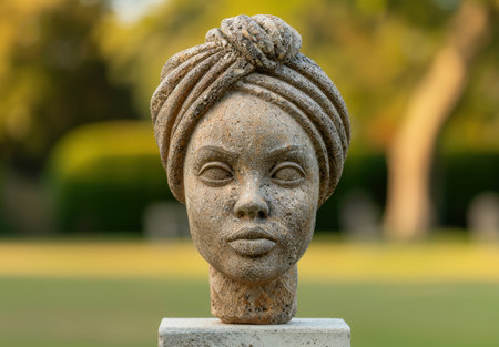 Weathered stone sculpture of a woman's faceの素材