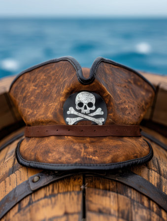 Pirate hat with skull and crossbones symbol on wooden barrelの素材