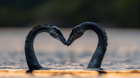 two black swans forming a heart shape in the waterの素材