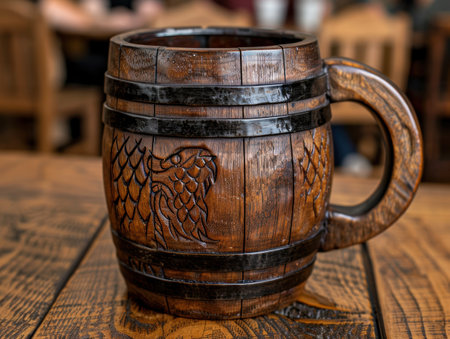Ornate wooden beer mug with carved designの素材