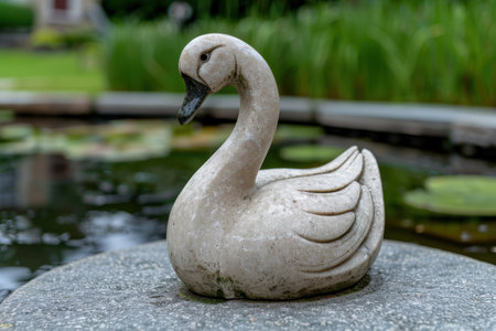 Decorative stone swan in garden pondの素材