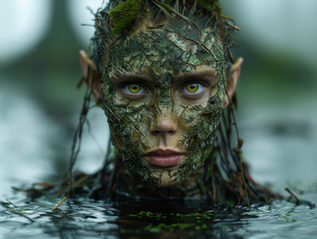 mystical nature portrait of a woman with green skin and eyesの素材