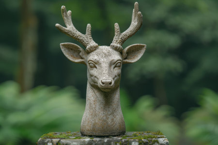 Ornate stone deer statue in lush green forestの素材
