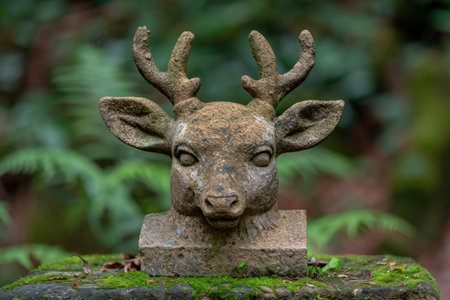 Weathered stone deer head sculpture in forestの素材