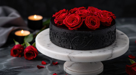 Elegant black cake with red roses and candlesの素材