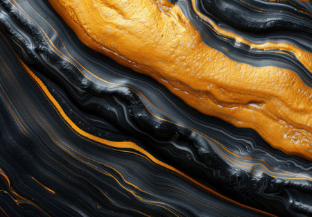 Vibrant abstract art background with swirling golden and black patternsの素材