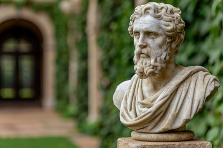 ancient marble bust statue in a gardenの素材