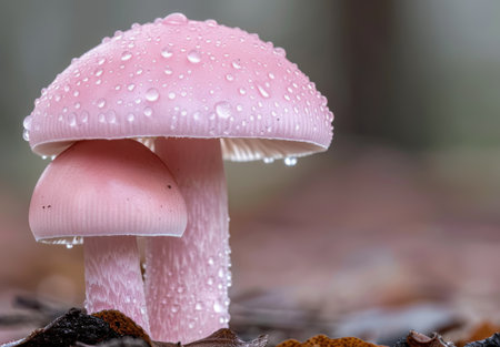 Delicate pink mushroom with water dropletsの素材