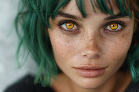 Striking green-haired woman with intense yellow eyesの素材
