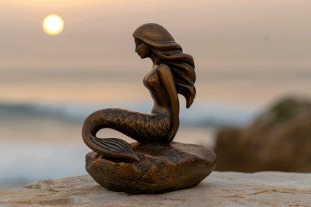 Mystical mermaid statue at sunsetの素材