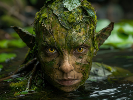 Mysterious forest creature emerging from waterの素材