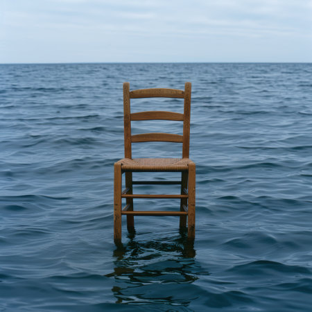 Wooden chair floating in the oceanの素材