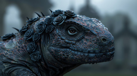 Close-up of a dark iguana with black rosesの素材